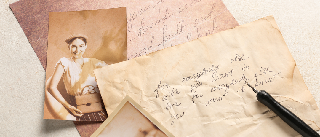 Ein altes Foto einer lächelnden Frau, ein Stift und ein Stück Papier mit handgeschriebenem Text.