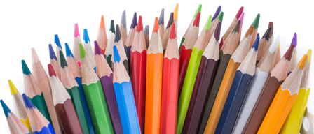 A collection of colored pencils in various colors, including red, orange, yellow, green, blue, and purple.