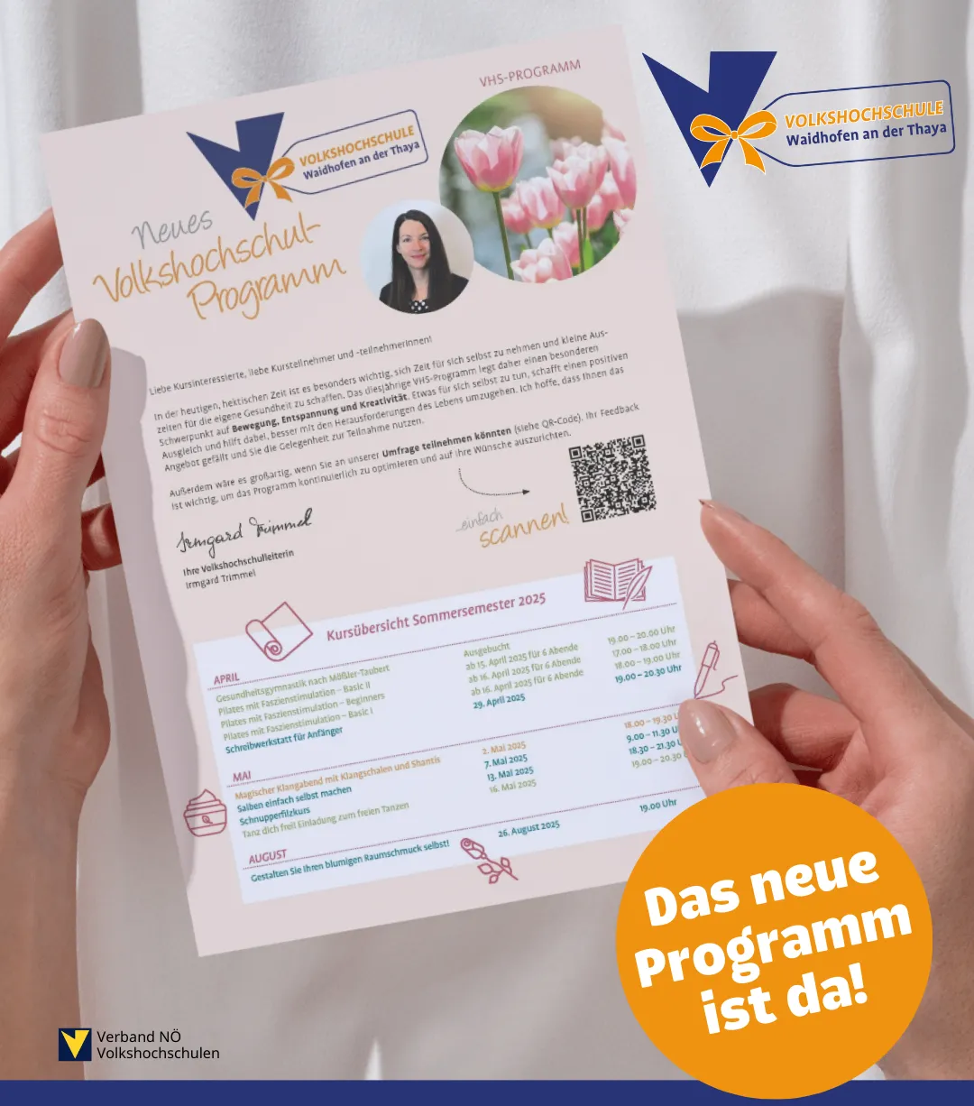 Hände halten eine Volkshochschule-Broschüre mit einem Bild einer Frau und einem QR-Code. Der Text ist auf Deutsch und Englisch. Die Broschüre zeigt das Sommerprogramm 2025 der Volkshochschule Waidhofen an der Thaya.
