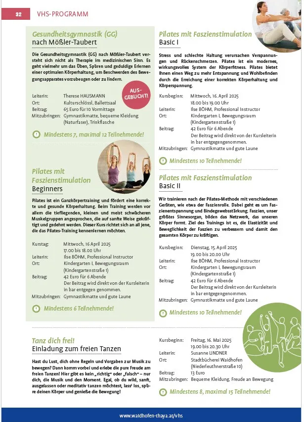 Ein Bild eines Flyers für verschiedene Fitnesskurse. Die linke Seite zeigt 'Gesundheitsgymnastik nach Mösler-Tauber', einen therapeutischen Bewegungskurs. Die rechte Seite beinhaltet 'Pilates mit Faszienstimulation', einen Pilates-Kurs mit Fokus auf Faszienstimulation. Details umfassen Termine, Zeiten, Kursleiter, Gebühren und Orte. Der Flyer betont minimale und maximale Teilnehmerzahlen.