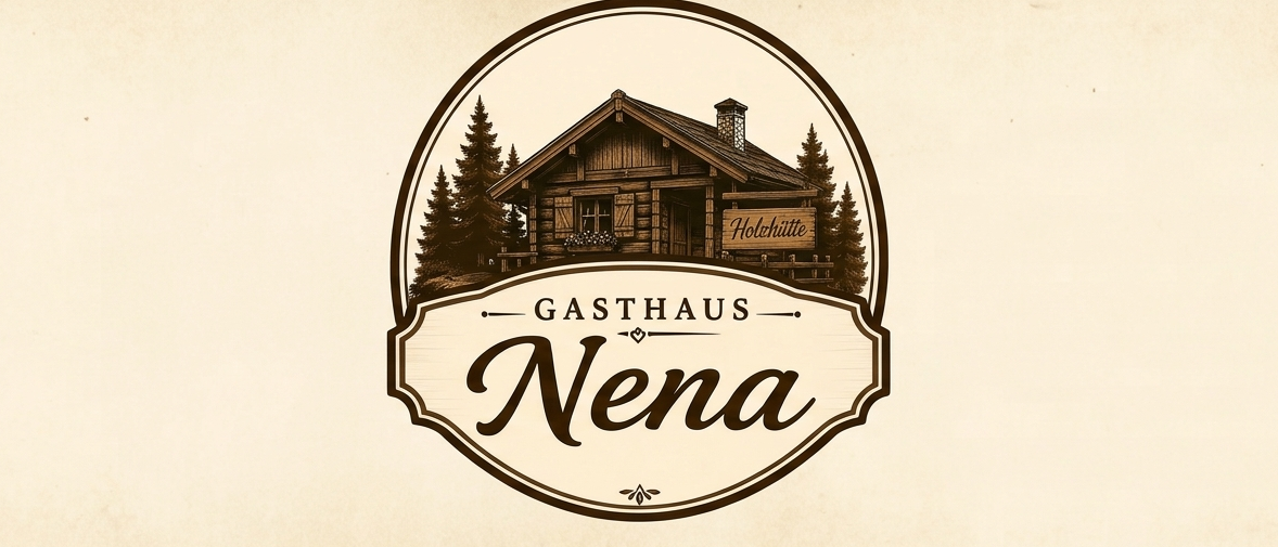 Ein Vintage-Logo für Gasthaus Nena, das ein rustikales Holzhaus mit einem Schild 'Holzhütte' und umgeben von Kiefernbäumen zeigt.
