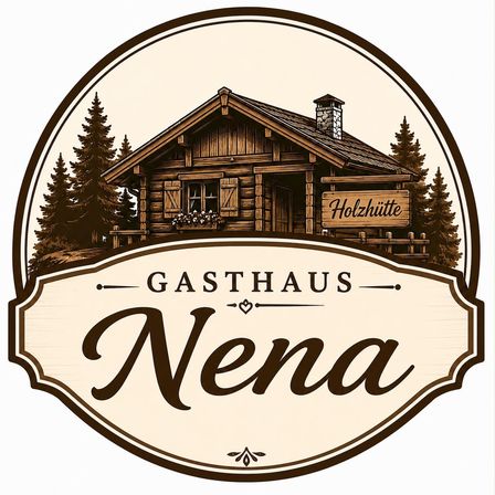 Logo für Gasthaus Nena, das eine Holzhütte mit Schornstein und einem Schild mit der Aufschrift Holzhütte zeigt, umgeben von Kiefern. Das Logo hat einen Vintage-Stil mit braunen und beigen Tönen.