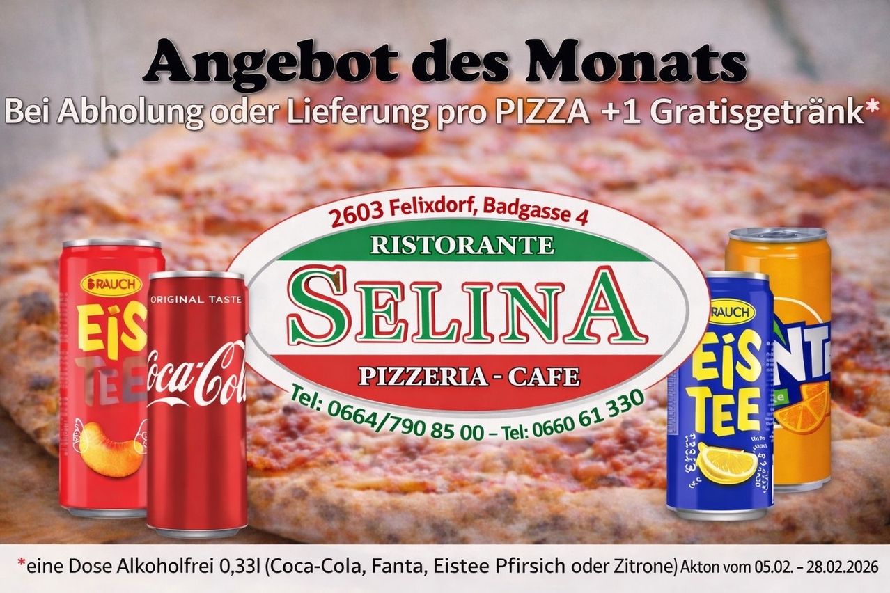 Werbeanzeige für eine Pizzeria mit Angebot des Monats: Kaufen Sie eine Pizza, erhalten Sie eine gratis. Der Werbeflyer zeigt eine Pizza, eine Coca-Cola-Dose und eine Zitronenlimonade-Dose.
