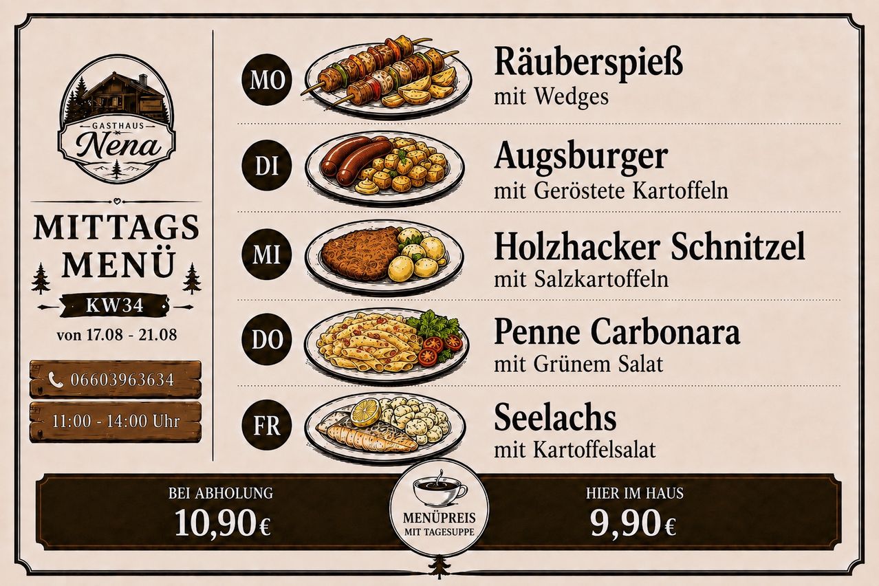 Menu board displaying various dishes with prices. Dishes include: 'Räuberspieß mit Wedges', 'Augsburger mit Gerösteten Kartoffeln', 'Holzhacker Schüß mit Salzkartoffeln', 'Penne Carbonara mit Grünem Salat', and 'Seelachs mit Kartoffelsalat'. Prices listed for takeout and dine-in.