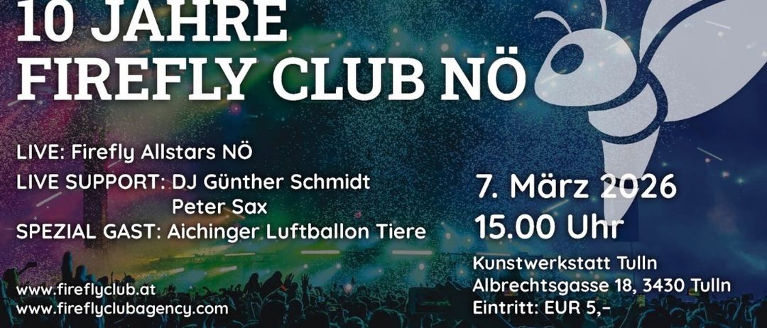 Plakat für die REFLY Club Nö Veranstaltung mit einer Menschenmenge und einem DJ-Set von Gunther Schmidt und Peter Sax. Datum: 7. März 2015. Zeit: 15.00 Uhr. Ort: Kunstwerkstatt, Albrechtsgasse 18. Eintritt: EUR 5.