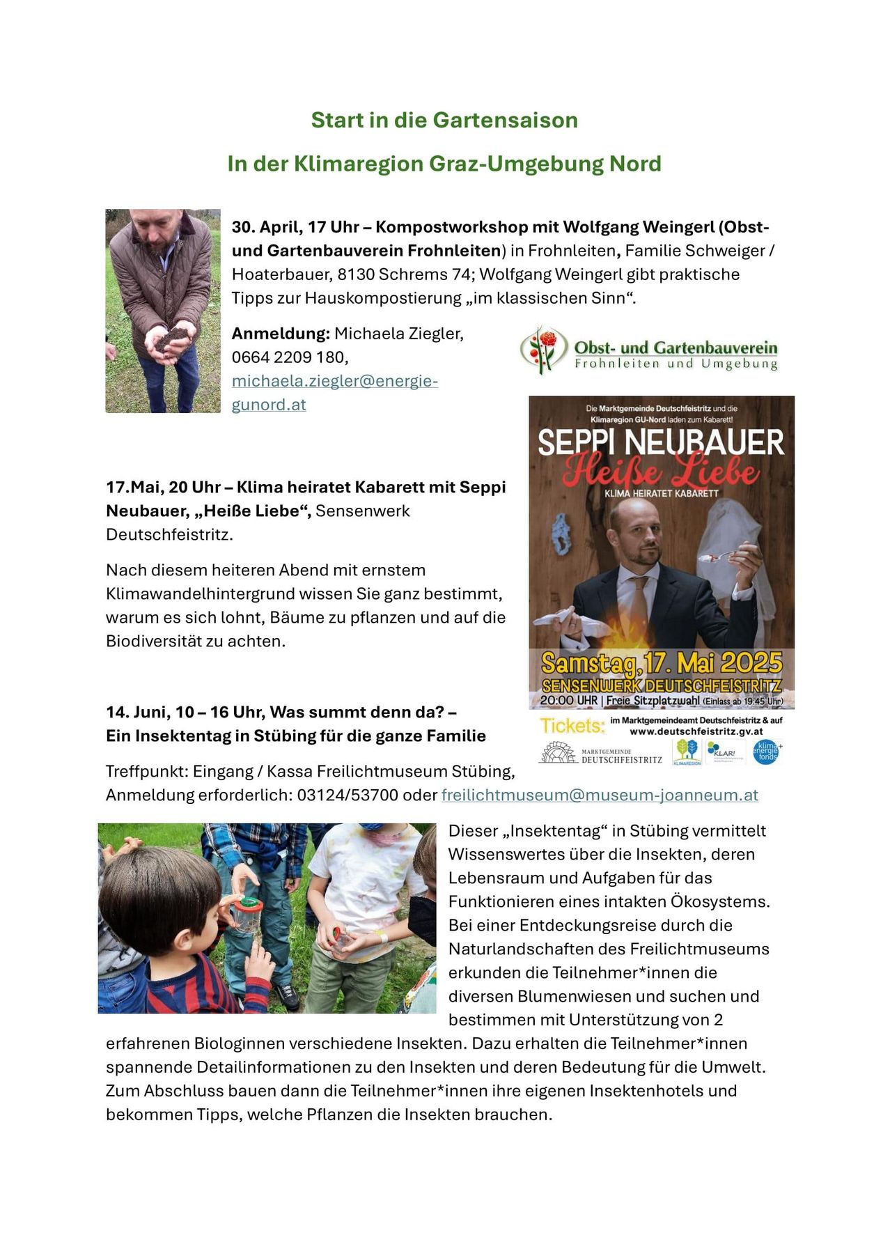 Ein Plakat mit verschiedenen Veranstaltungsankündigungen auf Deutsch, darunter ein Kompostworkshop, eine Klimaveranstaltung und ein Insektentag im Museum.