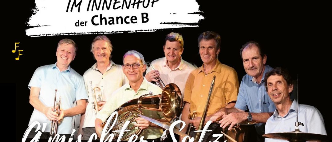 Plakat für ein Konzert einer Blechbläser- und Schlagzeugband. Datum: Fr, 28. August 2026. Beginn: 19:30 Uhr. Ort: Chance B Innenhof, Franz-Josef-Straße 3, 8200 Gleisdorf. Eintritt: freiwillige Spende.
