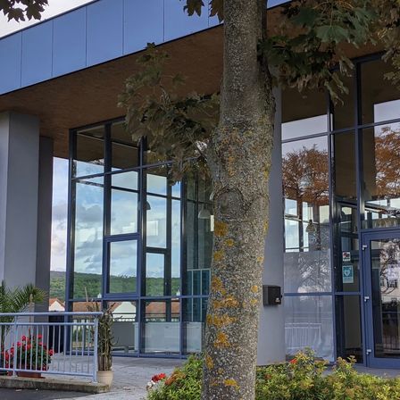 Ein modernes Gebäude mit blauen Wänden und Glasfenstern ist zu sehen. Vor dem Gebäude stehen zwei Topfpflanzen. Das Gebäude hat eine blaue Tür mit Glasscheiben.