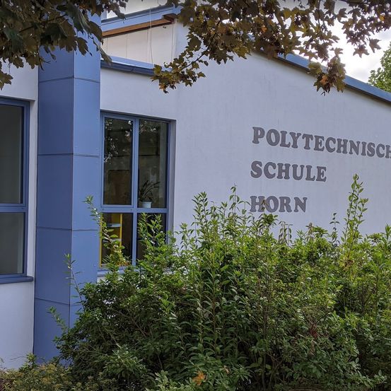 Das Äußere eines Gebäudes mit der Aufschrift Polytechnische Schule Horn an der Wand. Es hat blaue Begrenzungen und ein Fenster mit einer Pflanze darin.