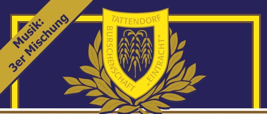 Eine Anzeige für das Frühshoppen-Event am 6. Juli 2025 um 10 Uhr im Schubertpark, Tattendorf. Es zeigt ein Logo mit einem gelben Kreis, blauen und gelben Rändern und grünen Blättern.