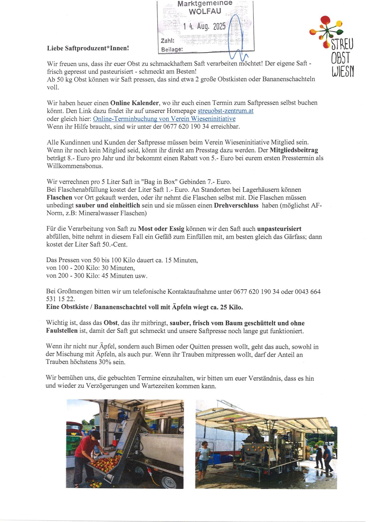 Das Bild zeigt Details zu Fruchtpressdiensten, einschließlich Mitgliedschaftsvorteile, Preisgestaltung und Obstanforderungen. Mitglieder zahlen 8,50 Euro jährlich und erhalten einen Rabatt beim ersten Pressen. Die Presskosten berechnen sich nach Gewicht. Sauberes, frisches Obst ist wichtig für die Qualität des Saftes.