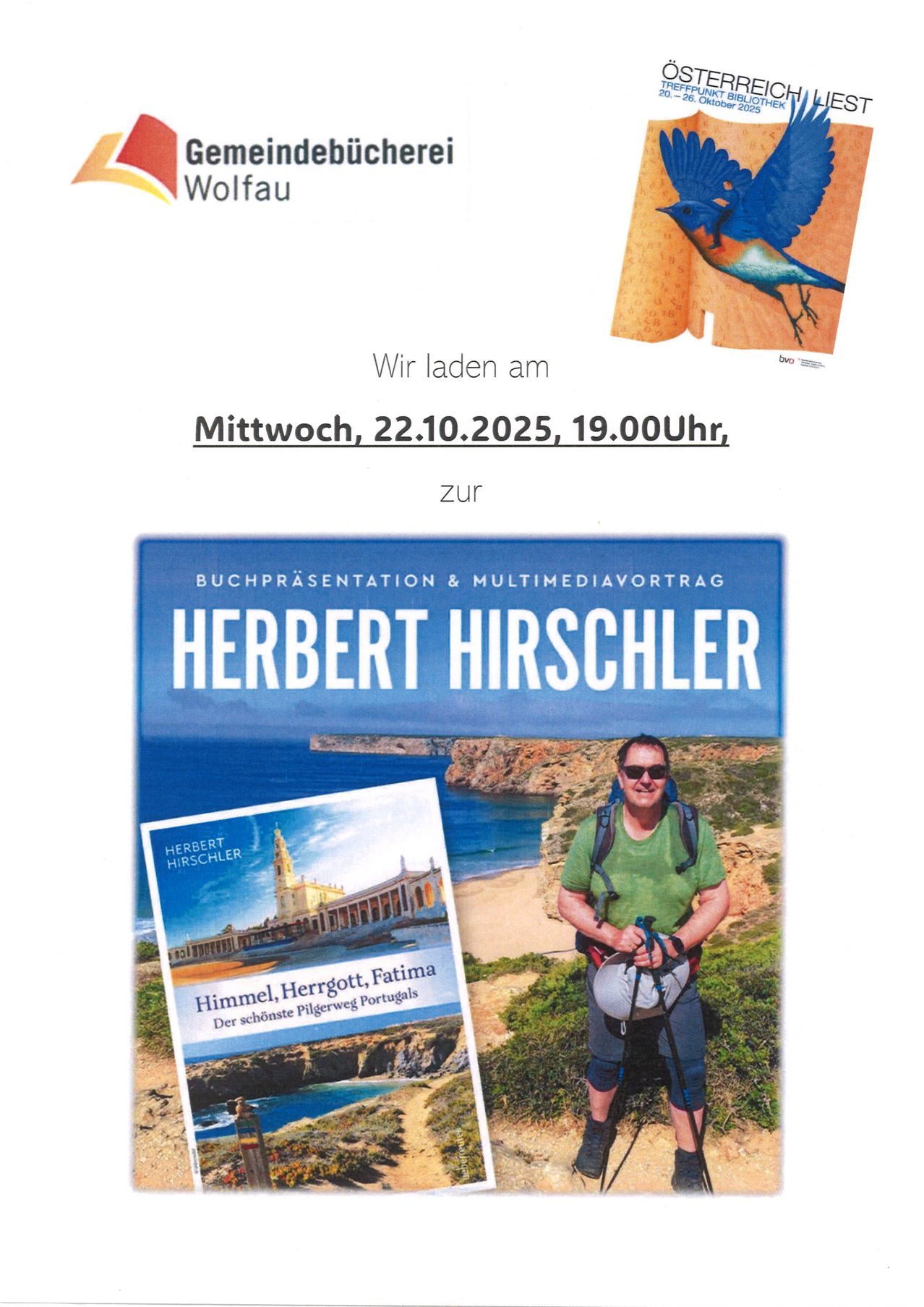 Plakat für eine Buchpräsentation und Multimediavortrag von Herbert Hirschler, geplant für Mittwoch, 22.10.2025, um 19:00 Uhr. Auf dem Plakat ist ein Mann in Outdoor-Kleidung abgebildet.
