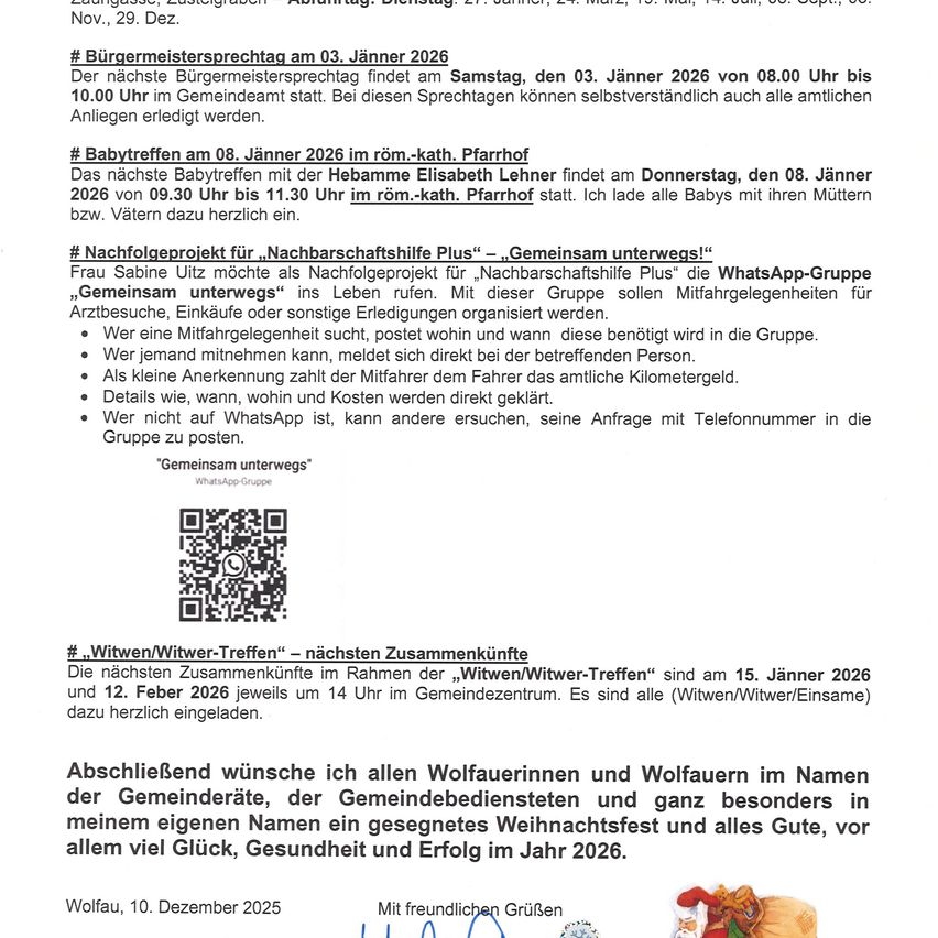 Termine für kommende Bürgermeistergespräche und Babytreffen sind geplant. Ein Nachbarschaftsprojekt für Fahrgemeinschaften wird gestartet, und eine Zusammenkunft für Frauen wird angekündigt. Eine Nachricht mit Weihnachtsgrüßen und besten Wünschen für 2026 wird geteilt.
