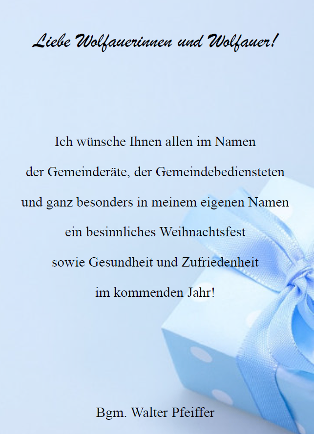 Eine blaue Grußkarte wünscht allen ein bedeutungsvolles Weihnachtsfest und Gesundheit und Zufriedenheit im kommenden Jahr. Die Karte zeigt ein blaues Band und einen Kasten.