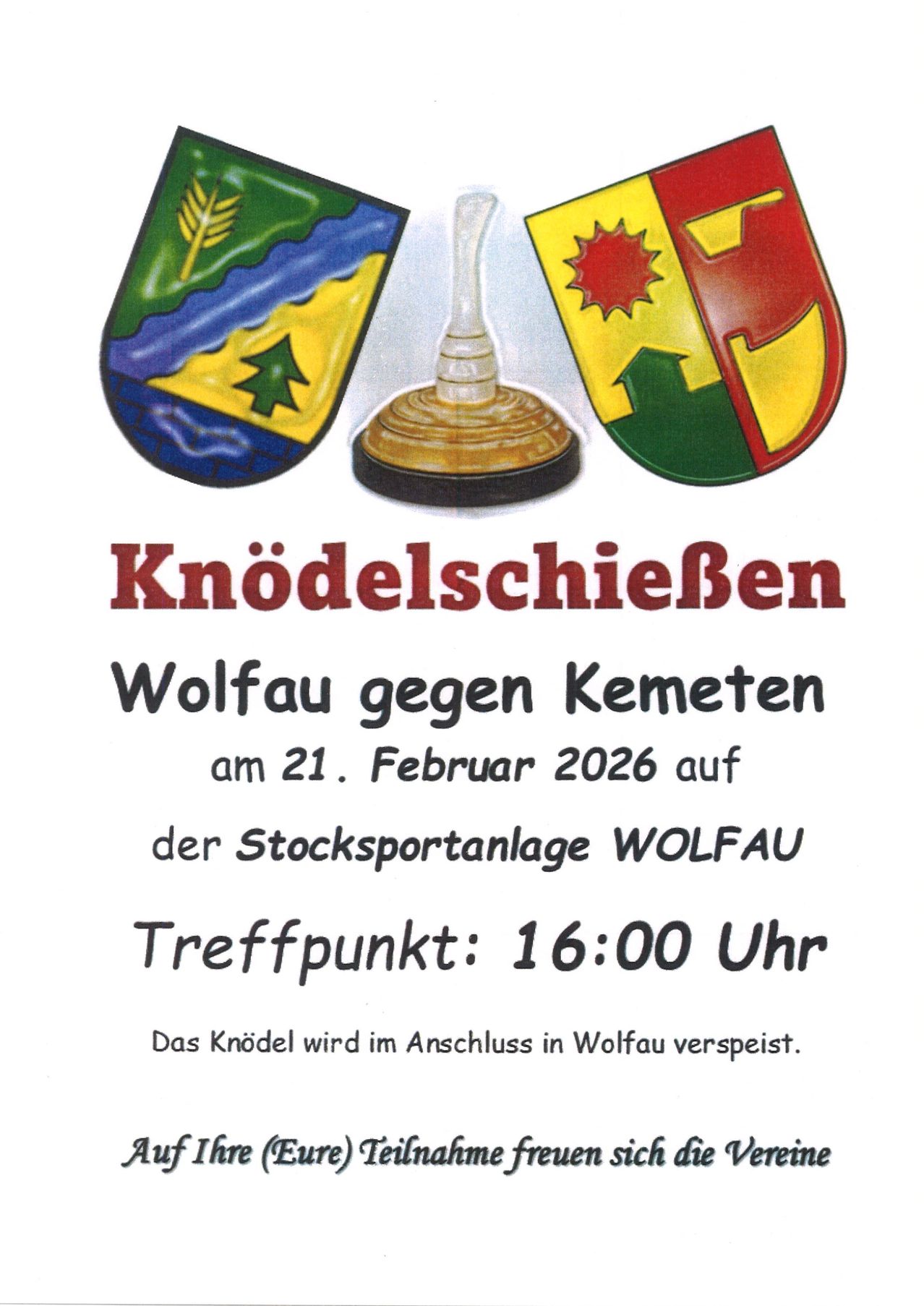 Ein Plakat für einen Schießwettbewerb in Wolfau gegen Kemet am 21. Februar 2026 auf der Sportanlage WOLFAU. Treffpunkt: 16:00 Uhr. Das Ziel wird im Anschluss in Wolfau serviert.