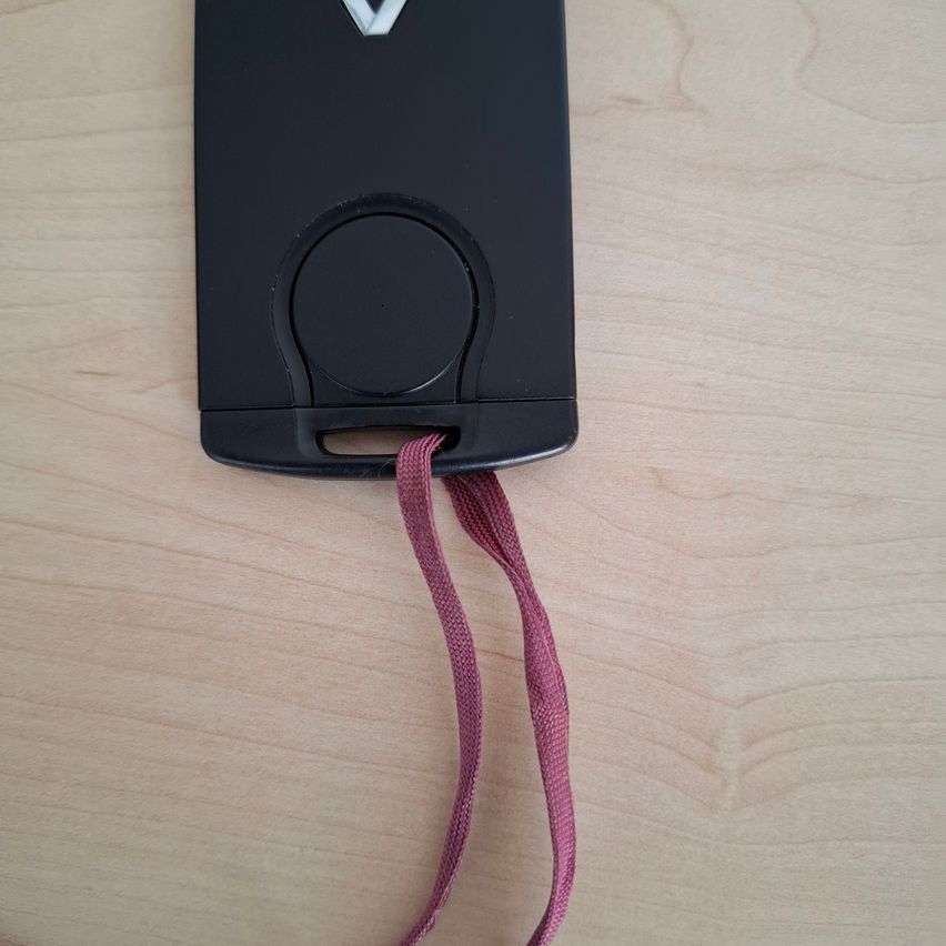 Ein schwarzes rechteckiges Gerät mit einem runden Knopf ist an einer rosa Schlaufe befestigt. Es liegt auf einer Holzoberfläche.