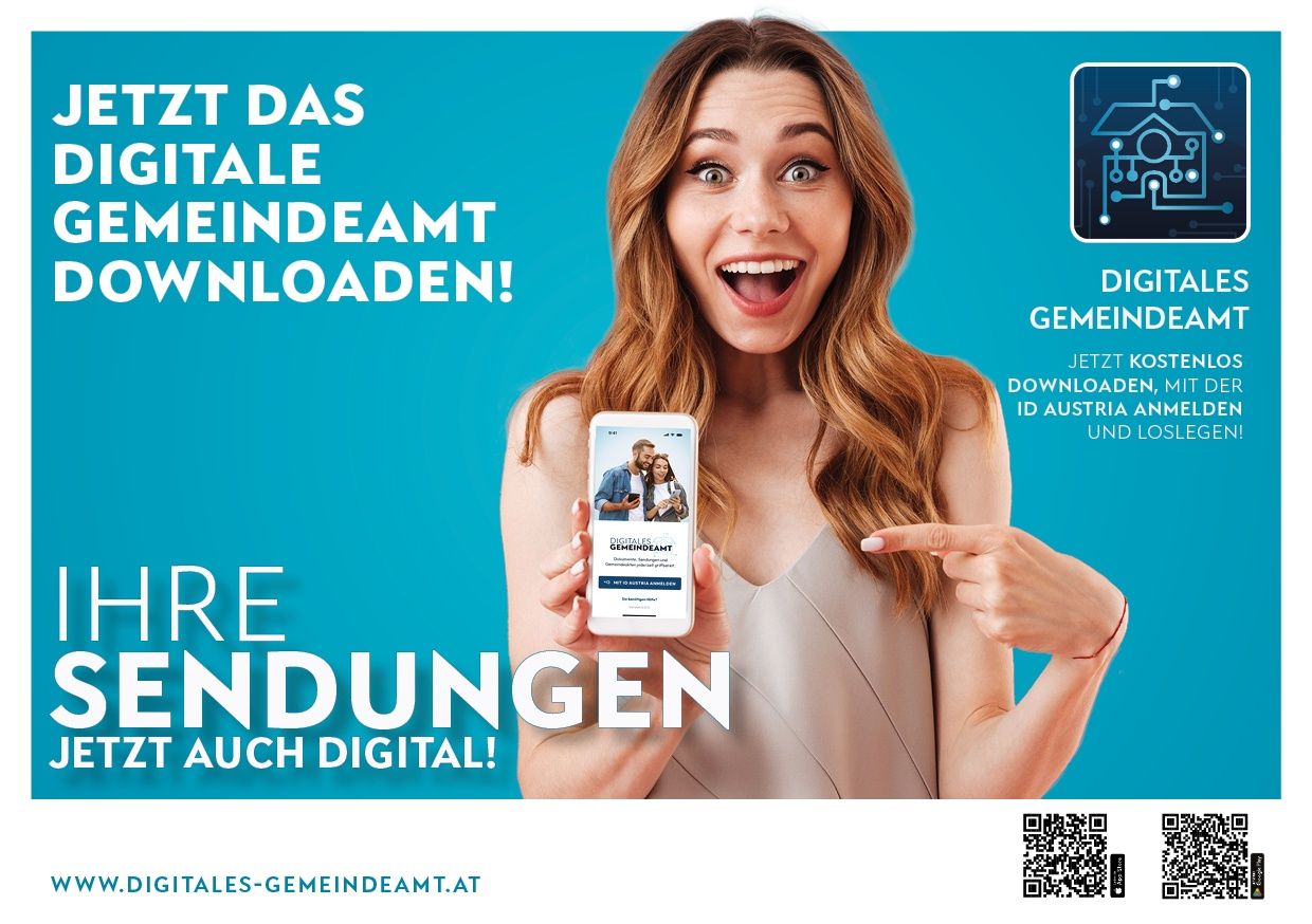 Eine Frau lächelt, während sie ein Handy hält und eine App mit einem Paar auf dem Bildschirm zeigt. Blauer Hintergrund mit Text. QR-Code unten.