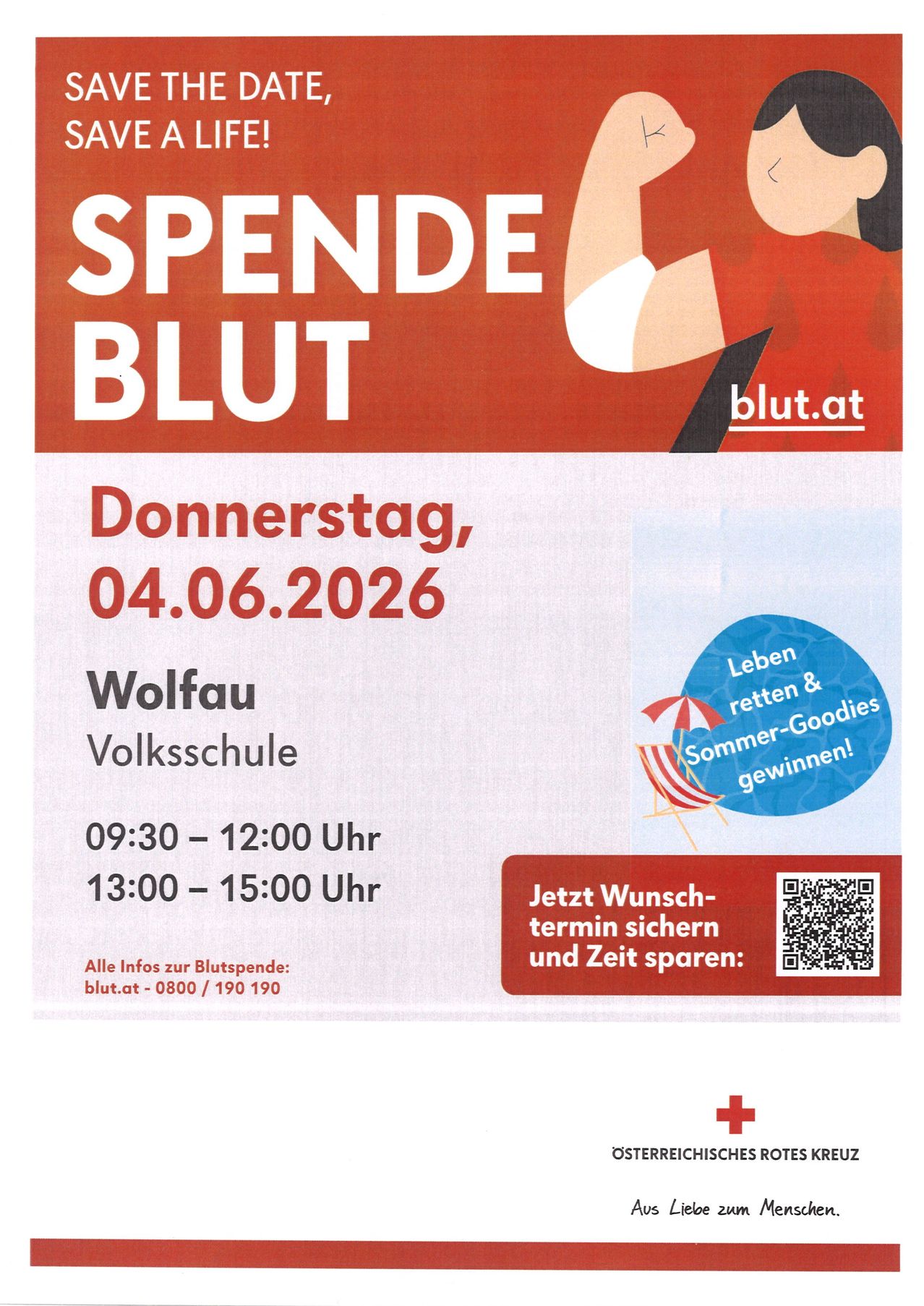Blutspendetermin am 04.06.2026 an der Volksschule Wolfau. Zeitfenster von 09:30 bis 12:00 Uhr und von 13:00 bis 15:00 Uhr. Zeit sparen durch Terminbuchung bei blut.at. QR-Code für schnellen Zugang.
