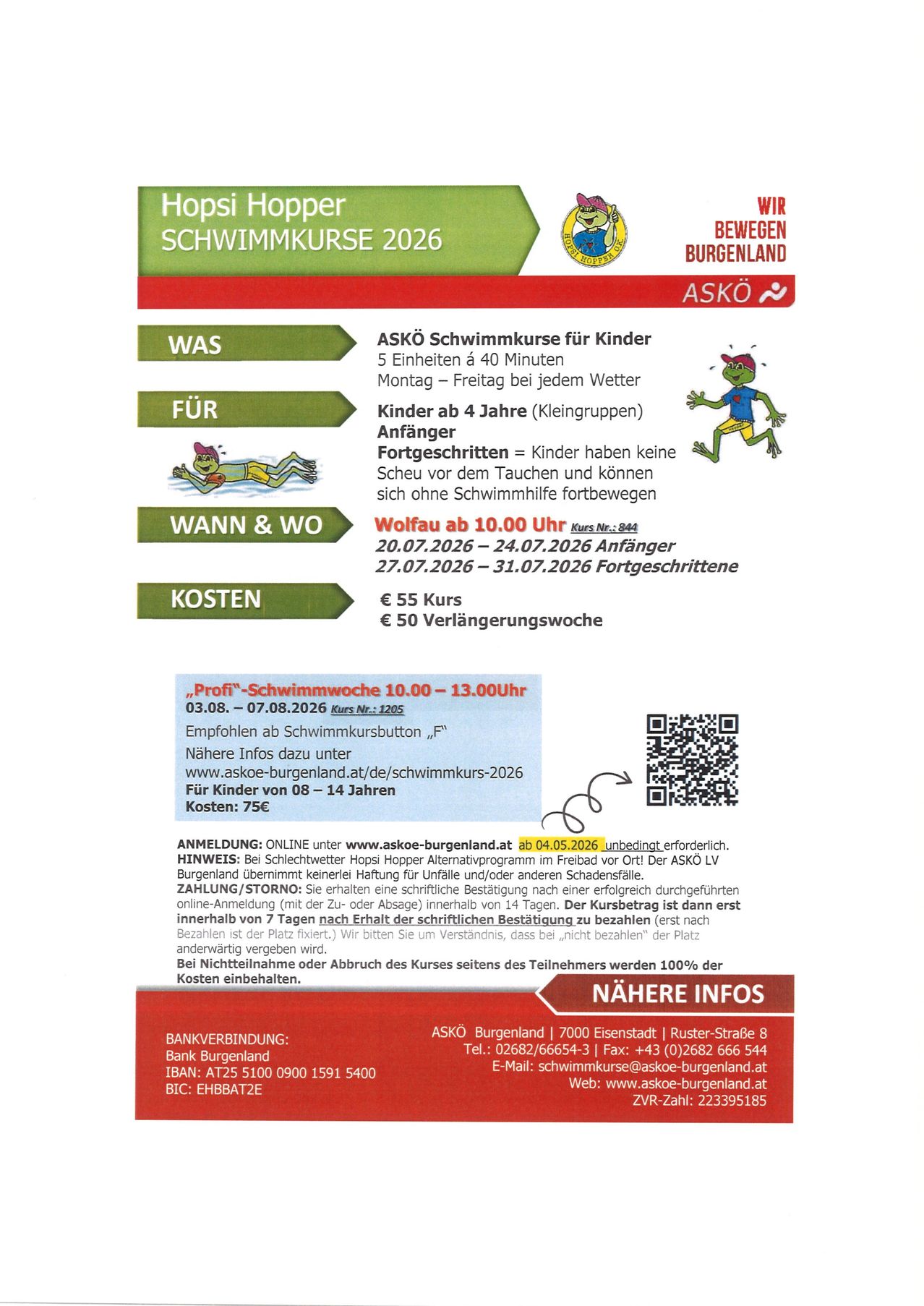 Plakat für einen Schwimmkurs für Kinder, Hopsi Hopper Schwimmkurse 2026, mit Angaben zu Kurszeiten, Daten und Kosten. Der Kurs ist für Kinder ab 4 Jahren geeignet und umfasst Anfänger- und Fortgeschrittenen-Sessions. Online-Anmeldung ist obligatorisch. Weitere Informationen sind auf askoe-burgenland.at verfügbar. Bankverbindung für die Zahlung ist ebenfalls angegeben.