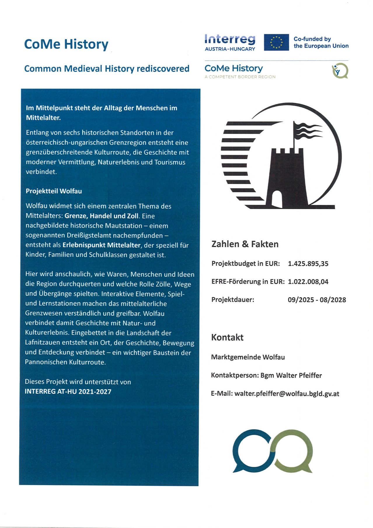 Das zentrale Thema des Wolfau-Projekts dreht sich um Grenzen, Handel und Zölle. Eine historisch bedeutsame Zollstation, genannt Dreibigstelamt, wurde in den Mittelalter-Erlebnispunkt umgewandelt, der speziell für Kinder, Familien und Schulklassen konzipiert ist. Das Projektbudget beträgt 1.425.895,35 EUR, mit einem EFRE-Zuschuss von 1.022.008,04 EUR. Es läuft von 09/2025 bis 08/2028. Die Marktgemeinde Wolfau ist der Ansprechpartner, wobei Bgm Walter Pfeiffer die Kontaktperson ist.