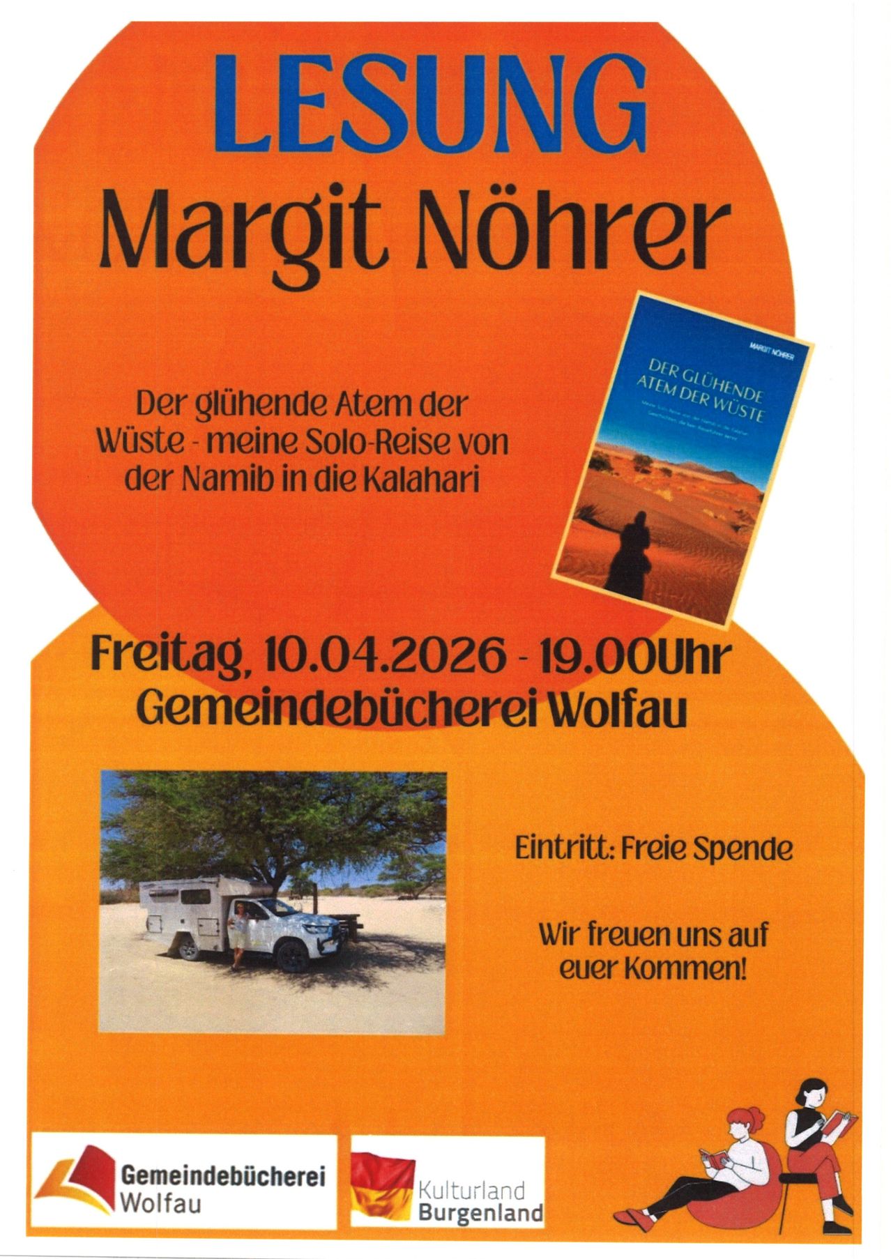 Plakat zur Veranstaltung mit Margit Nohrer am 10.04.2026 um 19:00 in Wolfau. Das Plakat zeigt ein Foto einer Person und eines Autos unter einem Baum.