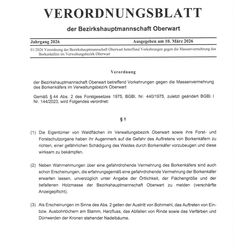 Die Bezirksforstverwaltung Oberwart erlässt eine Verordnung gegen die Massenvermehrung von Borkenkäfern im Verwaltungsbezirk Oberwart. Sie enthält Vorschriften für Waldeigentümer zur Bekämpfung des Risikos von Borkenkäferbefall und verlangt die Meldung jeglicher Sichtungen von Borkenkäfern.