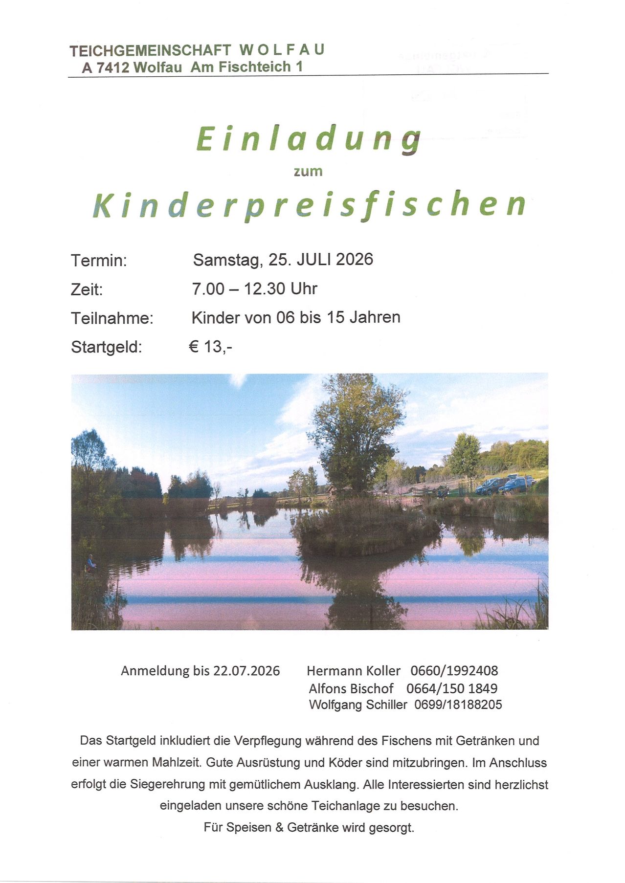 Ein Plakat für ein Kinder-Fischfang-Event am 25. Juli 2026 von 7:00 bis 12:30 Uhr für Kinder im Alter von 6 bis 15 Jahren mit einer Teilnahmegebühr von 13 Euro. Das Plakat zeigt ein szenisches Bild eines Sees mit Bäumen und einem rosa Himmel.