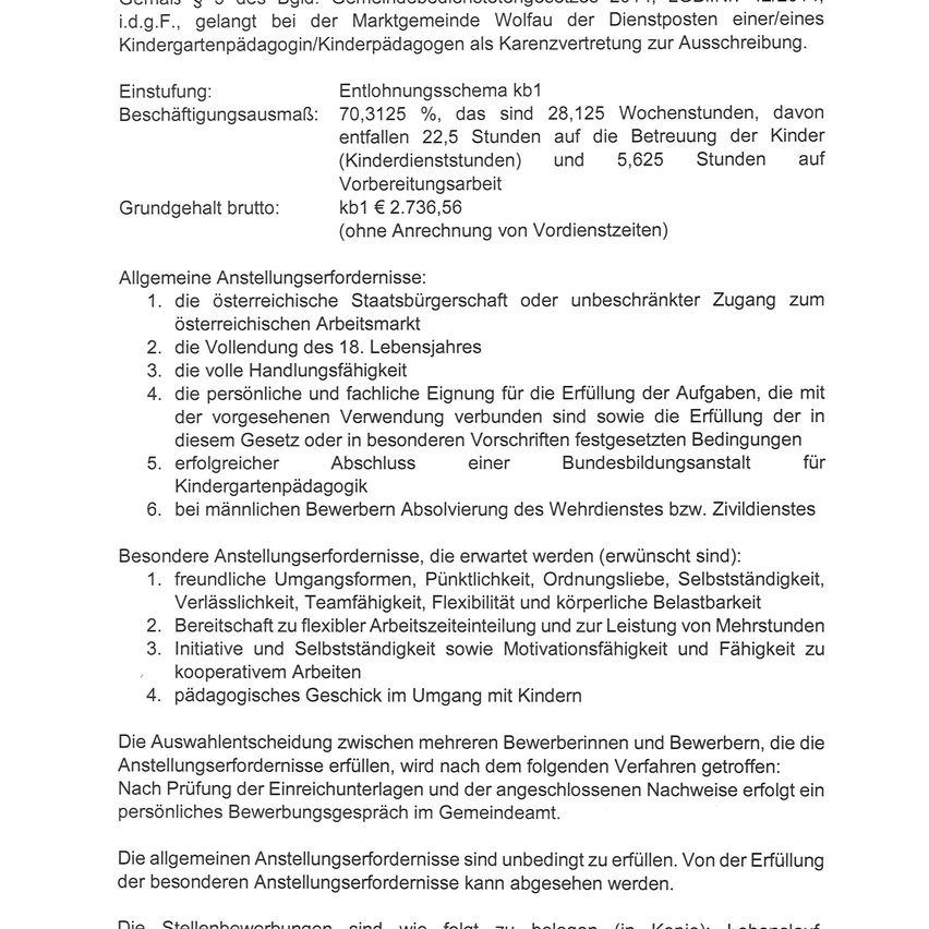 Ein Dokument mit Text auf Deutsch, das die Beschäftigungsbedingungen für Kindergartenpädagogen detailliert beschreibt, einschließlich Bruttogehalt, Arbeitszeit und spezifische Anforderungen für Kandidaten.