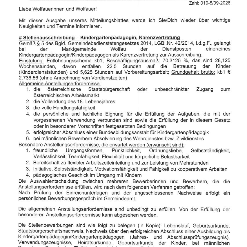 Dokument mit dem Titel 'Stellenausschreibung - Kindergartenpädagogin, Care Representative' beschreibt die Anforderungen und Bedingungen für eine Kindergartenpädagogin in Wolfau, Österreich. Es legt den Arbeitsvertrag, die wöchentlichen Stunden und Gehaltsdetails fest. Es listet auch persönliche Eigenschaften und Qualifikationen auf, die von Kandidaten erwartet werden.