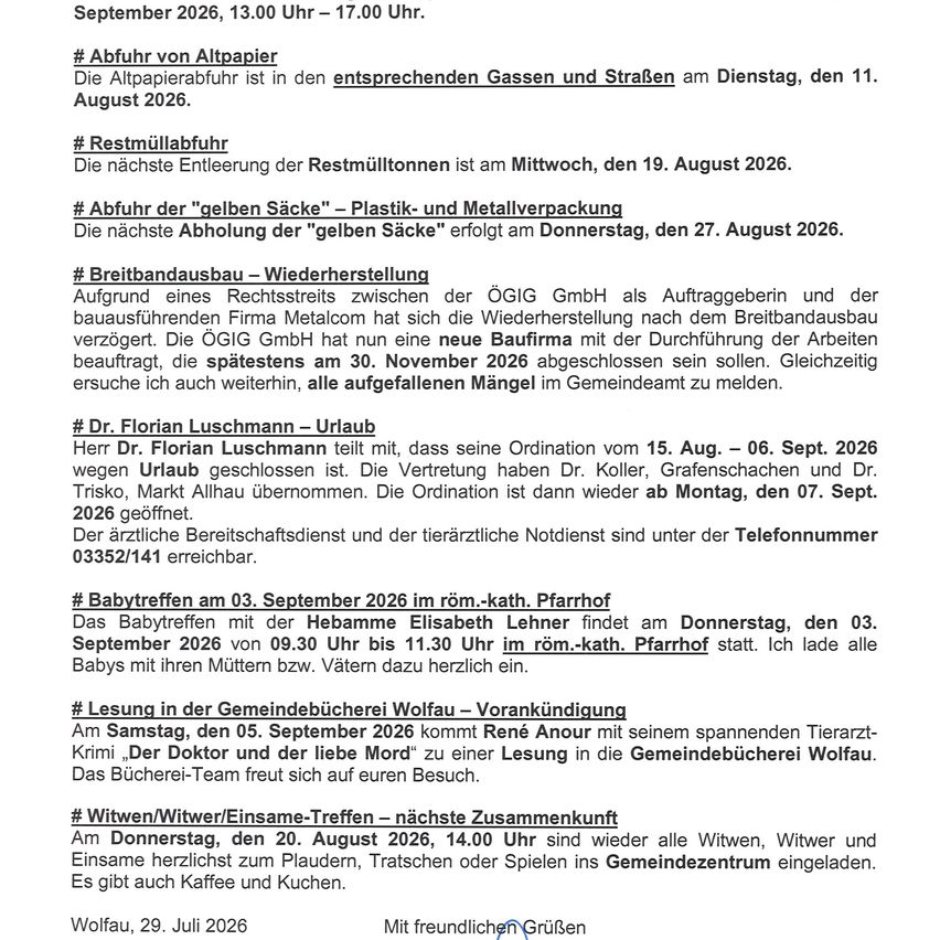 Ein Dokument mit verschiedenen Ankündigungen für die Gemeinde, einschließlich Abfallsammlungsterminen, einem Arzttermin, einem Babytreffen, einer Lesung und einem Treffen für Witwen und Witwer. Die Ankündigungen sind vom 29. Juli 2026.