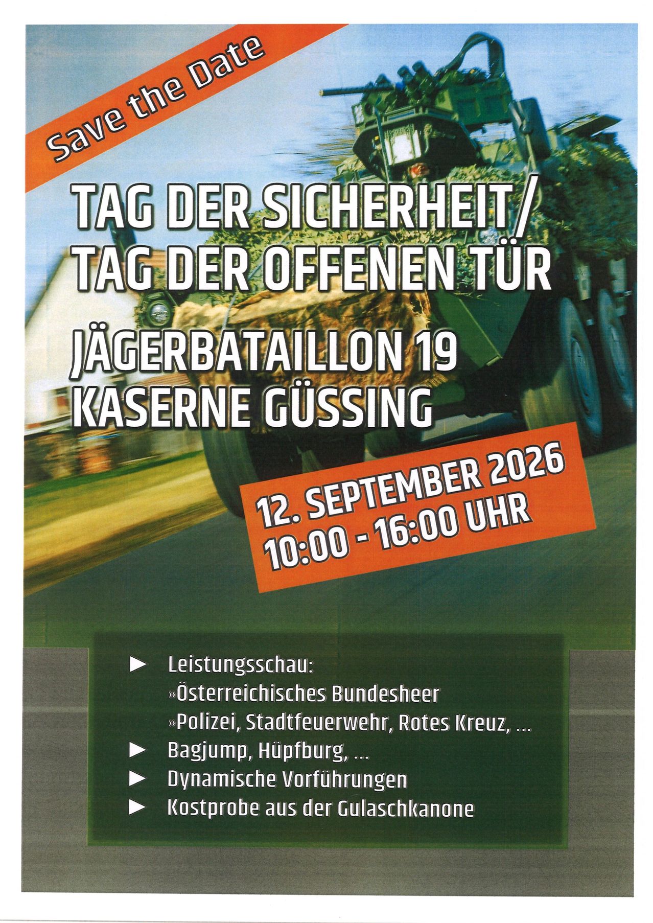 Plakat für den 'Tag der Sicherheit' und 'Tag der offenen Tür' beim 19. Jägerbataillon in Güssing am 12. September 2026 mit einem Militärfahrzeug und Veranstaltungsdetails.