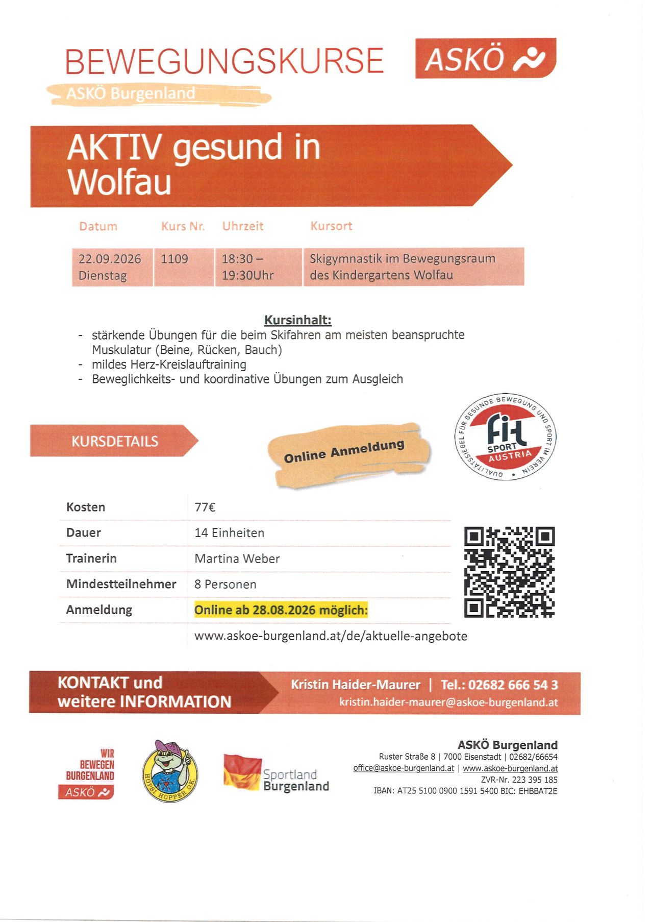 Ein Flyer für einen Skigymnastikkurs in Wolfau, Österreich. Der Kurs ist für den 22. September 2026 von 18:30 bis 19:30 Uhr geplant. Der Flyer enthält Details wie Kursnummer, Dauer, Trainer und Mindestteilnehmerzahl. Außerdem bietet er eine Kontakt-E-Mail und Website für die Anmeldung.
