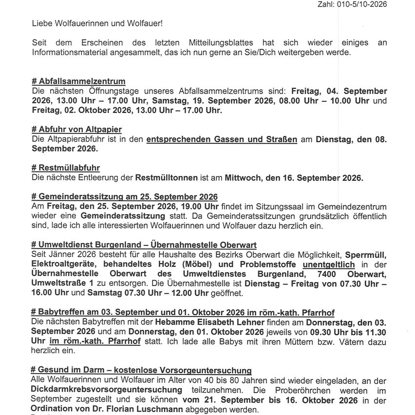 Ein Dokument mit Details zu Abfallsammlungsterminen, Altpapierabholung, Abfallentsorgung, Gemeinderatssitzungen, Abfallentsorgungsdiensten und kostenlosen Gesundheitsuntersuchungen für Wolfsbesitzer.
