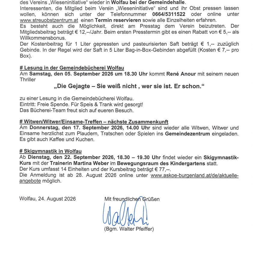 Ein Dokument mit Informationen über verschiedene Veranstaltungen und Mitgliedschaften in Wolfau, einschließlich einer Lesung, einer Zusammenkunft für Witwen/Witwer/Einsame und einem Skigymnastik-Kurs. Das Dokument enthält auch eine Unterschrift und Datum.