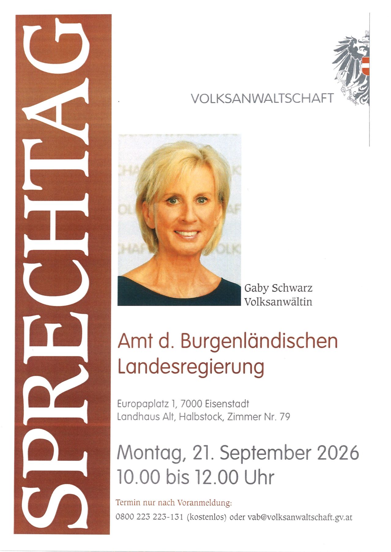 Ein Plakat mit einem lächelnden Frau, Gaby Schwarz, mit dem Titel 'Amt d. Burgenlandischen Landesregierung' und einem Veranstaltungsdatum vom 21. September 2026.