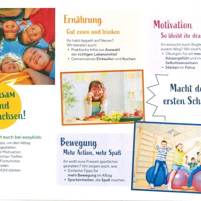 Das Bild zeigt einen Zeitschriftenausschnitt mit den Bereichen Ernährung, Motivation und Bewegung. Es hebt gesunde Ernährung, praktische Tipps für Lebensmittelauswahl und Übungen zur Verbesserung von Körpergefühl und Fokus hervor. Es schlägt auch Aktivitäten vor, um die Motivation zu stärken und den Alltag aktiver zu gestalten.