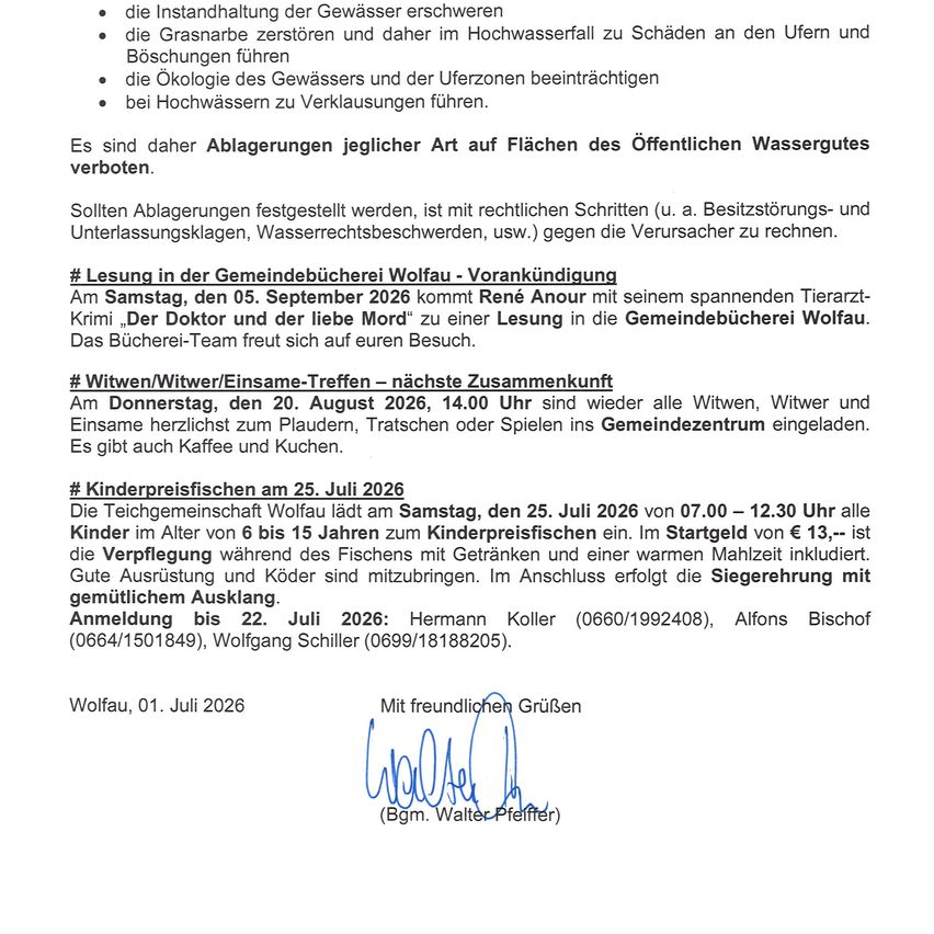 Dokument erläutert Gründe für das Verbot des Müllablagerns in öffentlichen Wasserwegen, einschließlich Schäden an den Ufern und Auswirkungen auf die Fischökologie. Es kündigt auch bevorstehende Veranstaltungen an: eine Lesung von René Anour am 5. September, ein Treffen für Witwen und Witwer am 20. August und ein Kinderfischen am 25. Juli. Anmeldeinformationen sind enthalten.