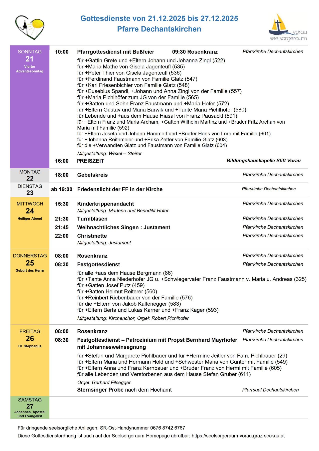 Ein Dokument zeigt einen Zeitplan für verschiedene Gottesdienste und Veranstaltungen in einer Kirche, einschließlich Daten, Zeiten und Beschreibungen von Aktivitäten wie 'Friedenslicht der FF in der Kirche' und 'Festgottesdienst'. Der Zeitplan erstreckt sich von Montag bis Freitag mit spezifischen Zeiten und Orten.