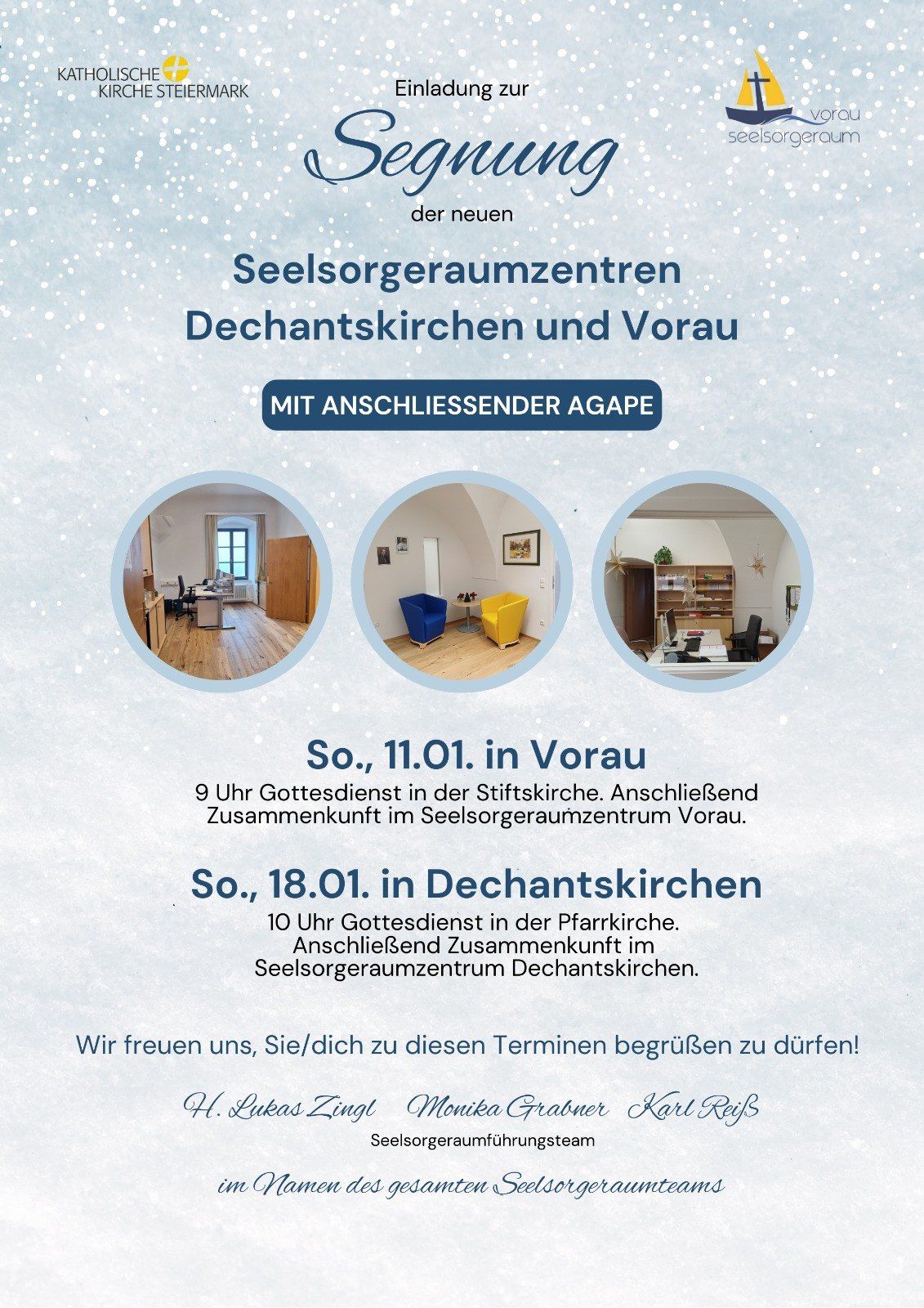 Poster advertising Seelsorgeraumzentren Dechantskirchen and Vorau with subsequent Agape. Includes service on 11.01. in Vorau and 18.01. in Dechantskirchen. Invitation to visit the centers.
