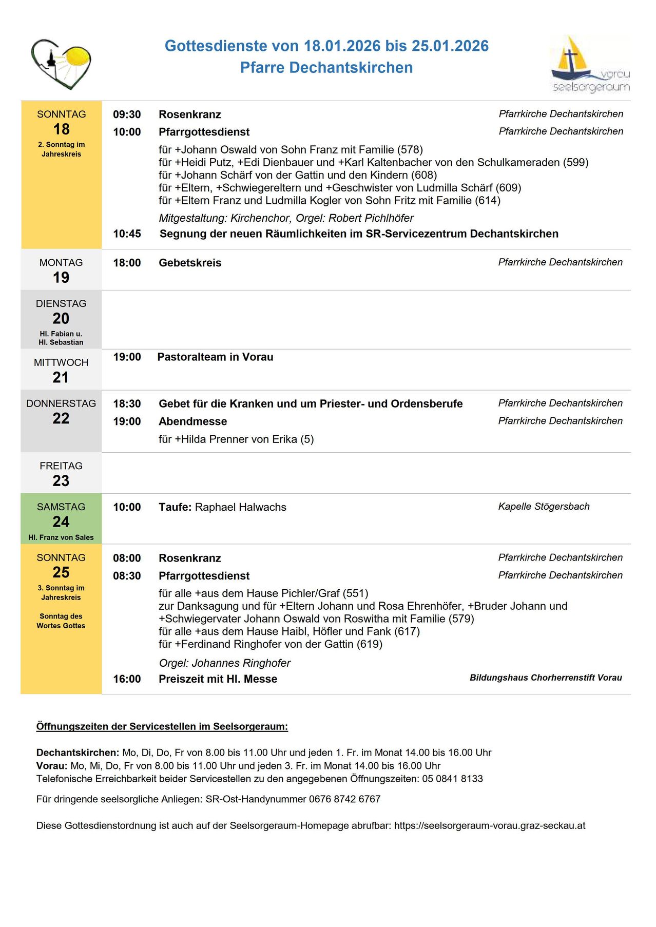 A schedule of church services includes details like dates, times, and locations. It lists events such as a funeral service, prayer services, and baptisms. Specific names and times are provided for each service.
