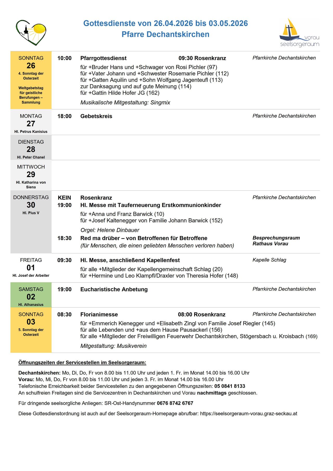 Weekly schedule with details of services in German. Monday at 18:00, prayer with Hi. Petrus Kanisius. Tuesday at 19:00, rose service with Hi. Anna and Franz Barwick. Wednesday at 18:30, Red ma druber event. Friday at 09:30, chapel mass with Hi. Messe. Saturday at 19:00, Eucharistic service with Hi. Athanasius. Sunday at 08:30, Floriani mass with Hi. Emmerich and Elisabeth Zing.