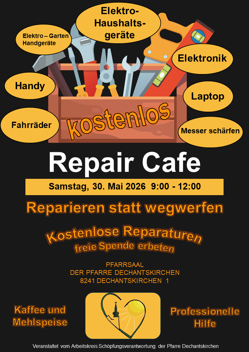 Plakat für ein kostenloses Reparatur-Café am 30. Mai 2026 von 9:00 bis 12:00 Uhr. Verschiedene Werkzeuge sind abgebildet, und Reparaturdienste werden kostenlos angeboten.