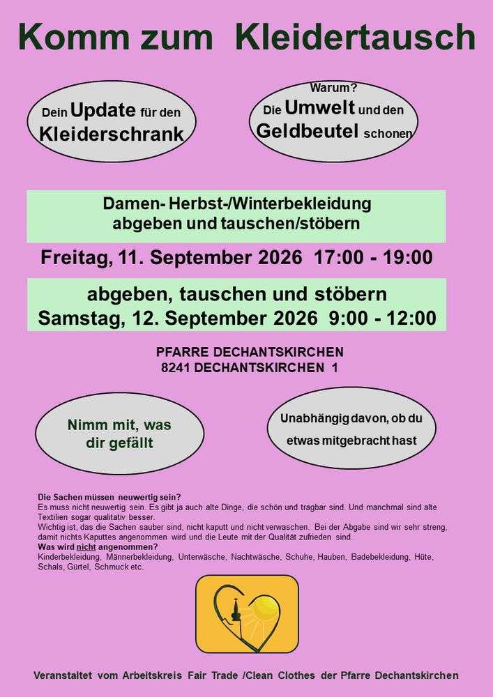 Ein Plakat für einen Kleidertausch am 11. und 12. September 2026 in Pfarre Dechantskirchen. Es ermutigt zur Teilnahme, unabhängig vom Zustand der Kleidung.