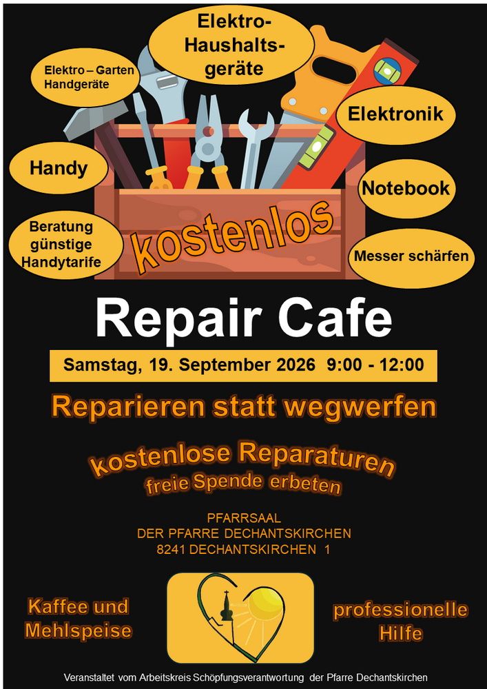 Plakat für ein kostenloses Reparaturcafé am 19. September 2026 mit Werkzeugen und einer Werkzeugkiste, die mit 'Handy', 'Notebook' und 'Kostenlos' beschriftet ist. Die Veranstaltung fördert das Reparieren statt Wegwerfen von Gegenständen.