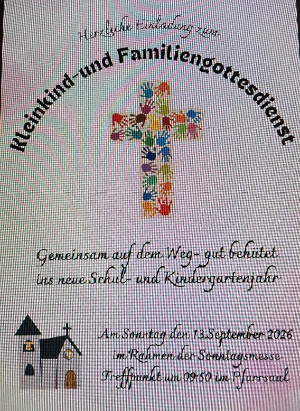Ein farbenfrohes Kreuz aus Handabdrücken von Kindern mit einer deutschen Botschaft, die eine sichere Reise in das neue Schul- und Kindergartenjahr wünscht. Das Datum 13. September 2026 ist angegeben.