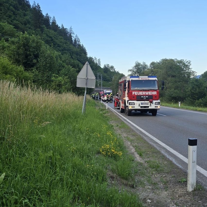 Ein Feuerwehrauto fährt mit mehreren Feuerwehrleuten eine Straße hinunter. Hinter dem Lkw ist ein weiteres Fahrzeug geparkt. Bäume und Büsche säumen beide Seiten der Straße.