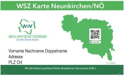 Eine grüne und weiße Mitgliedskarte für die WSZ Karte Neunkirchen/NO. Sie enthält eine Karte, einen QR-Code und Felder für persönliche Informationen.