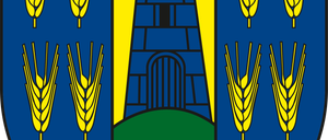 Ein blauer und gelber Schild mit Weizen an den Seiten und einem Turm in der Mitte.