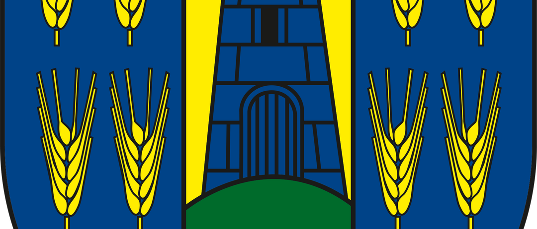 Ein blauer und gelber Schild mit Weizen an den Seiten und einem Turm in der Mitte.