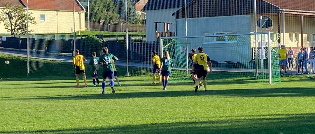 Eine Gruppe von Fußballspielern in gelben und grünen Trikots spielt auf einem Feld mit einem Tornetz.